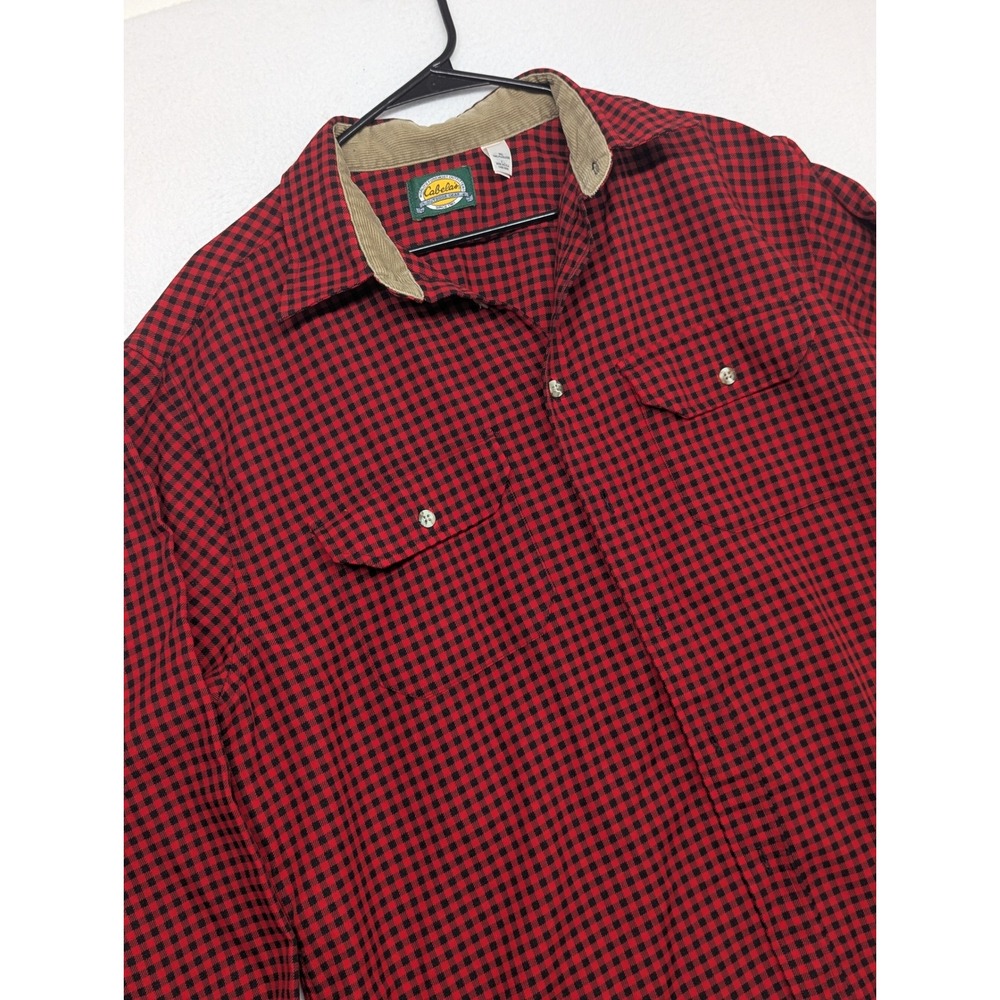 Cabelas Mens XL Tall Red Black Gingham Check Corduroy Collar Button Down Shirt